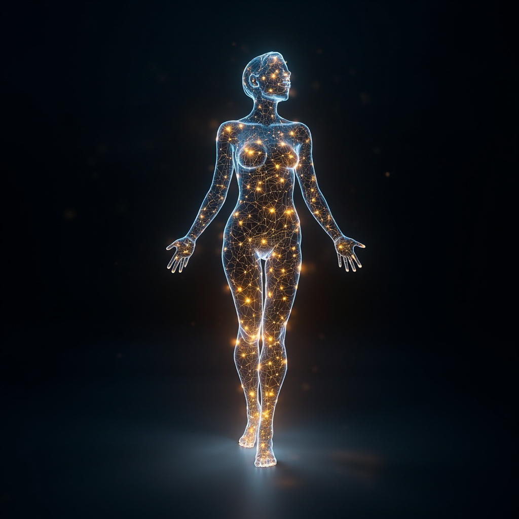 A high-resolution abstract visualization of a glowing, interconnected carbon molecular structure, resembling a constellation of light within a human silhouette, soft golden and blue tones, professional, scientific yet artistic.