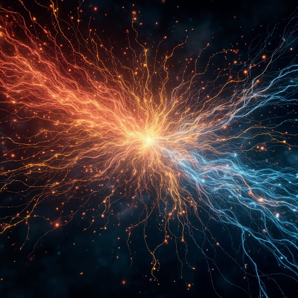 A high-quality, abstract visualization of a glowing, interconnected nervous system network shifting from chaotic red light to a calm, harmonious blue and gold flow.