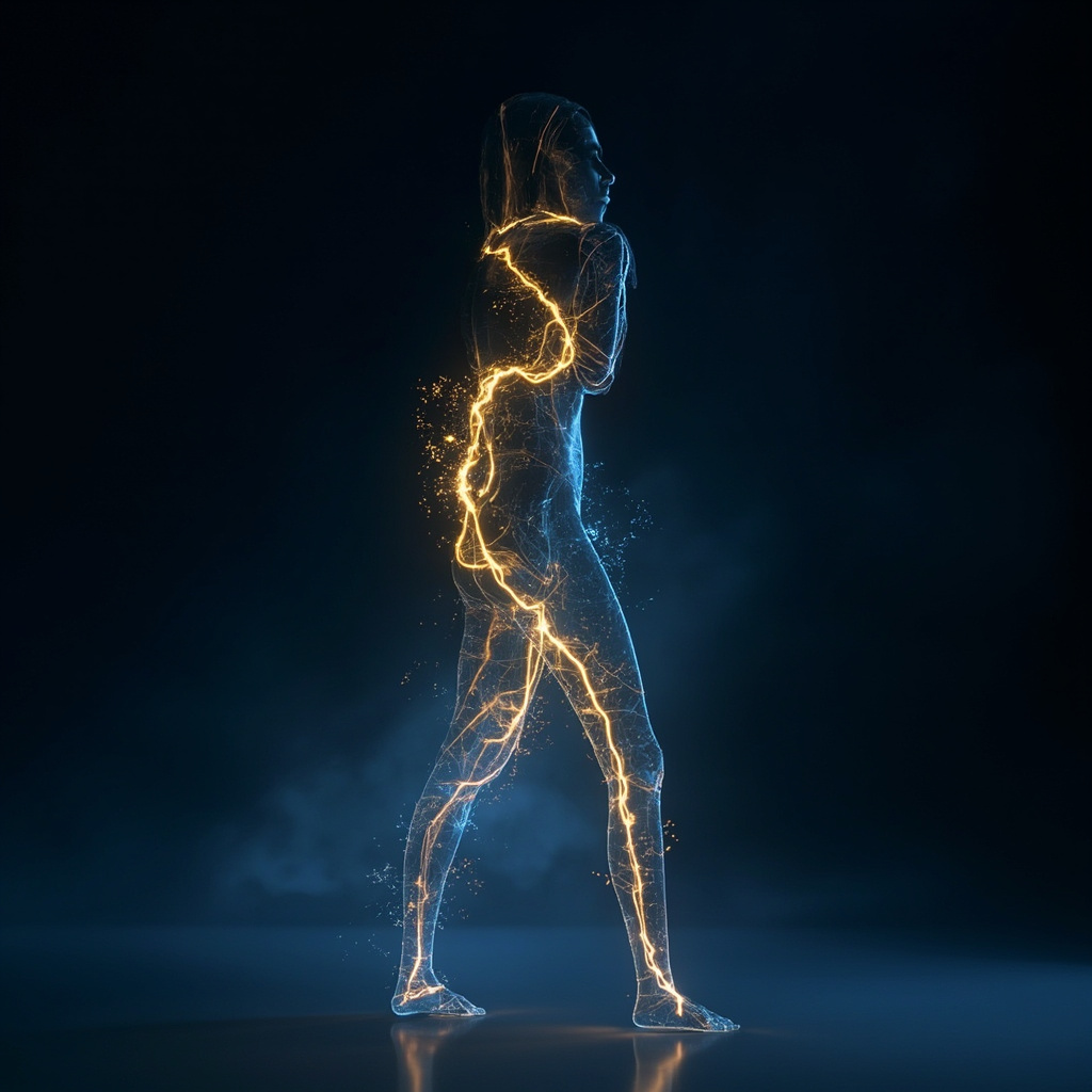 A serene, abstract visualization of glowing, interconnected energy pathways flowing through a human silhouette, soft golden and blue light, professional and calming.