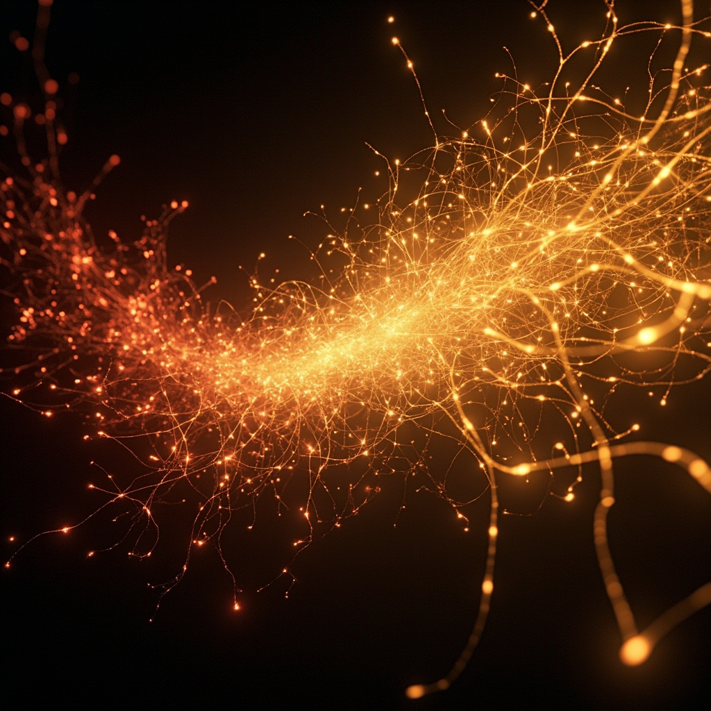 A calming, abstract visualization of a glowing, interconnected network of light paths resembling a nervous system, shifting from shades of deep, tense red to a soft, balanced, golden flow.