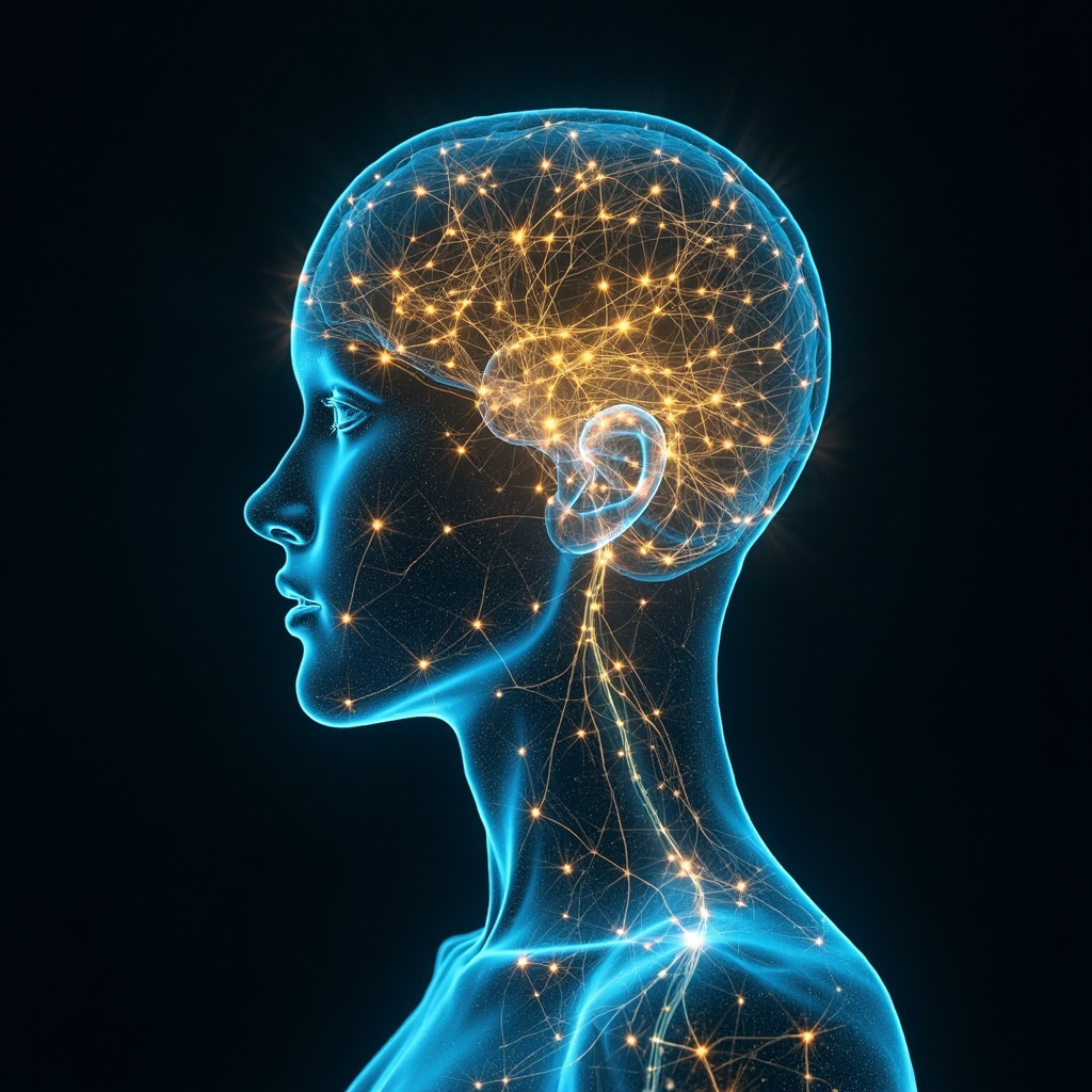 A calming, abstract visualization of glowing, interconnected neural pathways within a human silhouette, soft blue and golden light, high resolution.