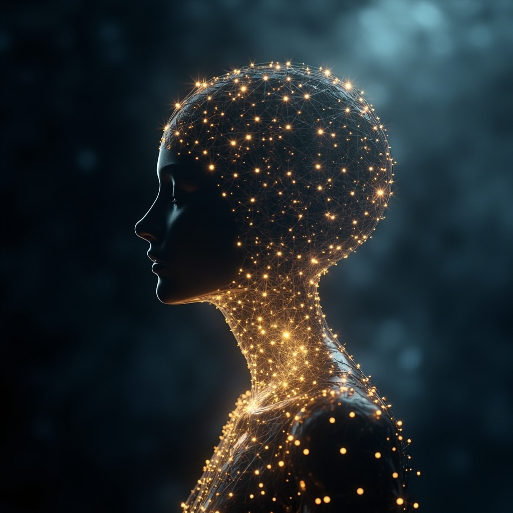 A high-quality, abstract visualization of glowing, interconnected carbon molecular structures forming a harmonious, radiant human silhouette against a soft, calming background.