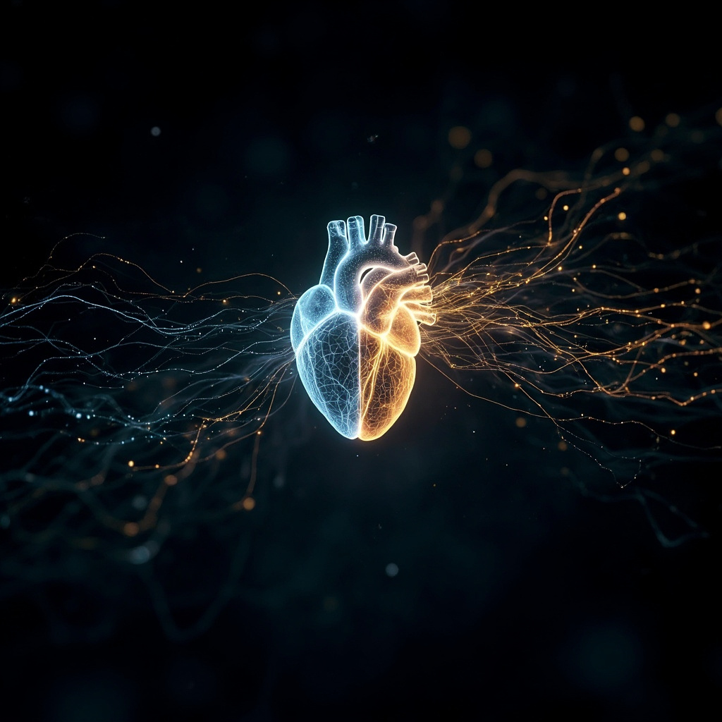 A serene, abstract visualization of a glowing, interconnected network of light forming the shape of a human heart and brain, symbolizing harmony and electrical flow.