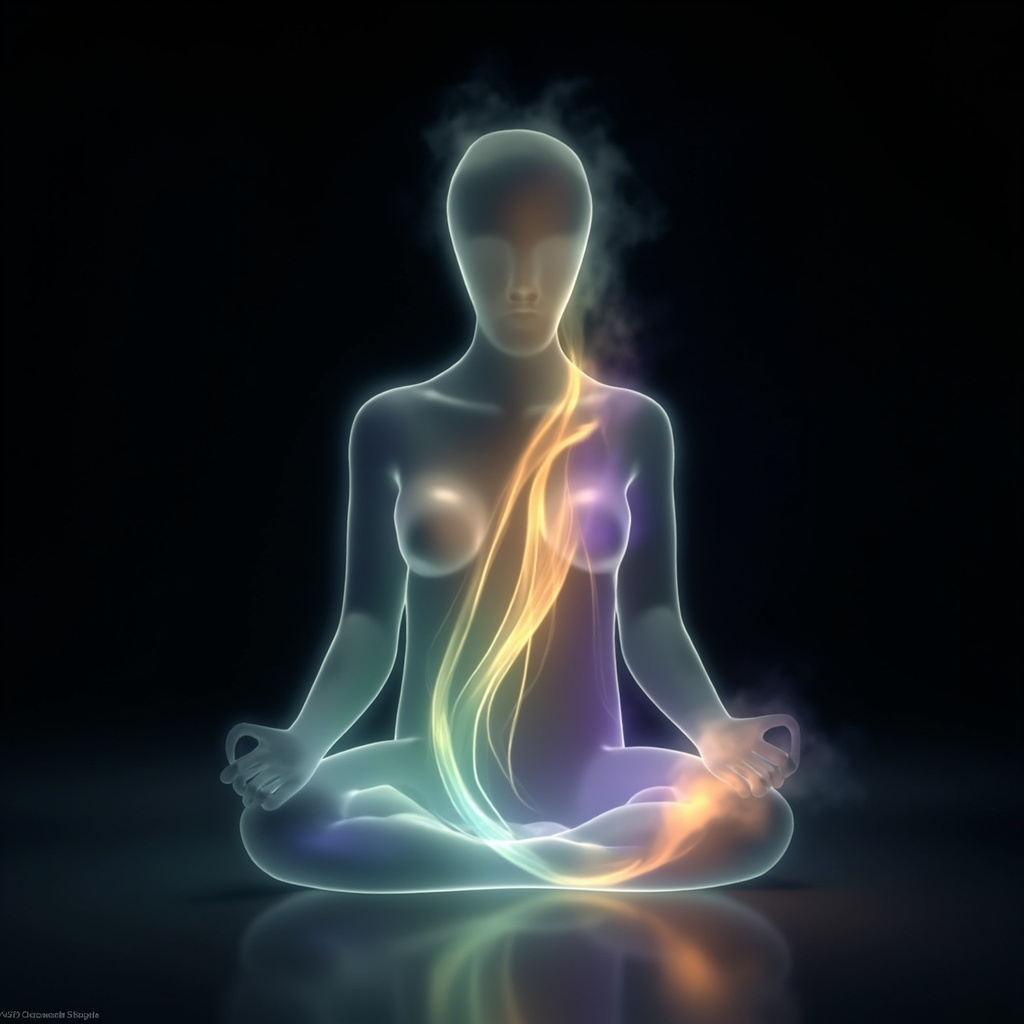 A calming, abstract visualization of soft, flowing light waves moving through a human silhouette, representing internal harmony and parasympathetic balance.