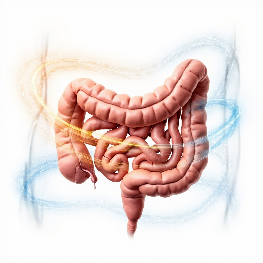 A high-quality, professional medical illustration of the human small intestine, focusing on the ileum, with soft, glowing energy lines surrounding it to represent frequency and balance, clean background, modern health aesthetic.