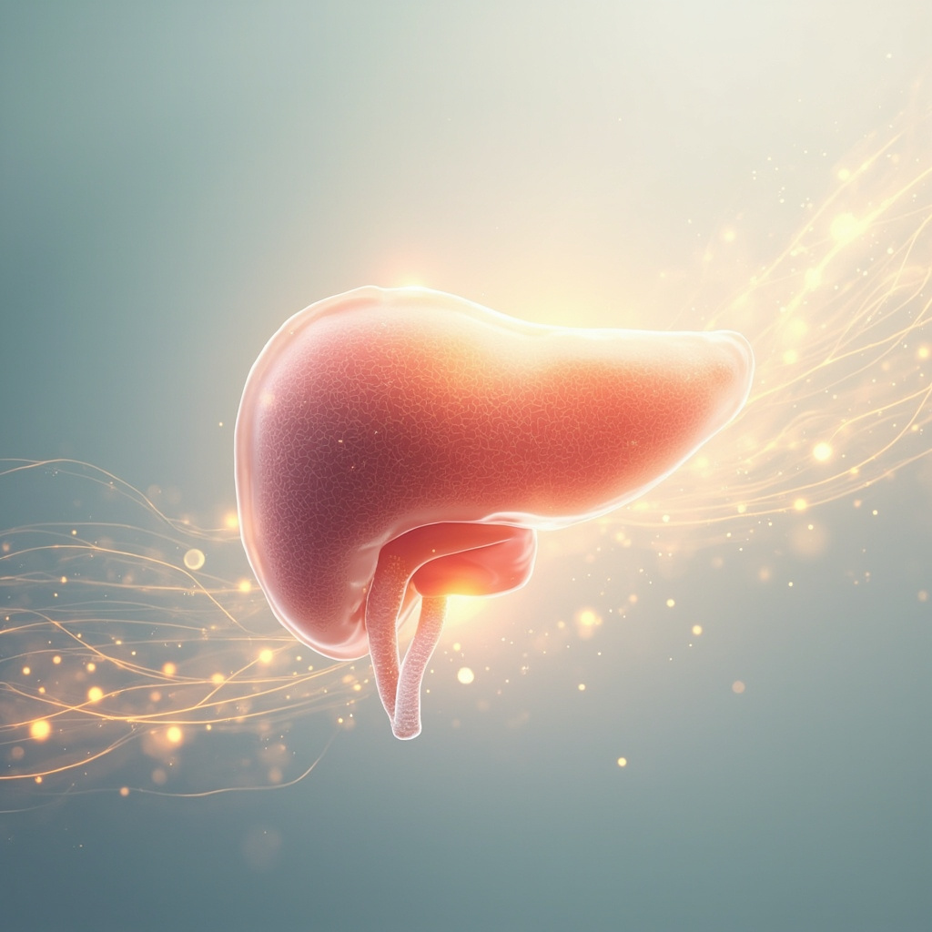 A calm, professional illustration showing a glowing, healthy pancreatic structure in harmony with soft, light-filled energy waves, symbolizing cellular balance and vitality.