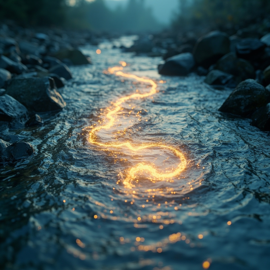 A calm, serene landscape of a flowing river merging with a soft, glowing abstract representation of the human digestive system, soft blue and warm golden light, cinematic, high detail, peaceful atmosphere.