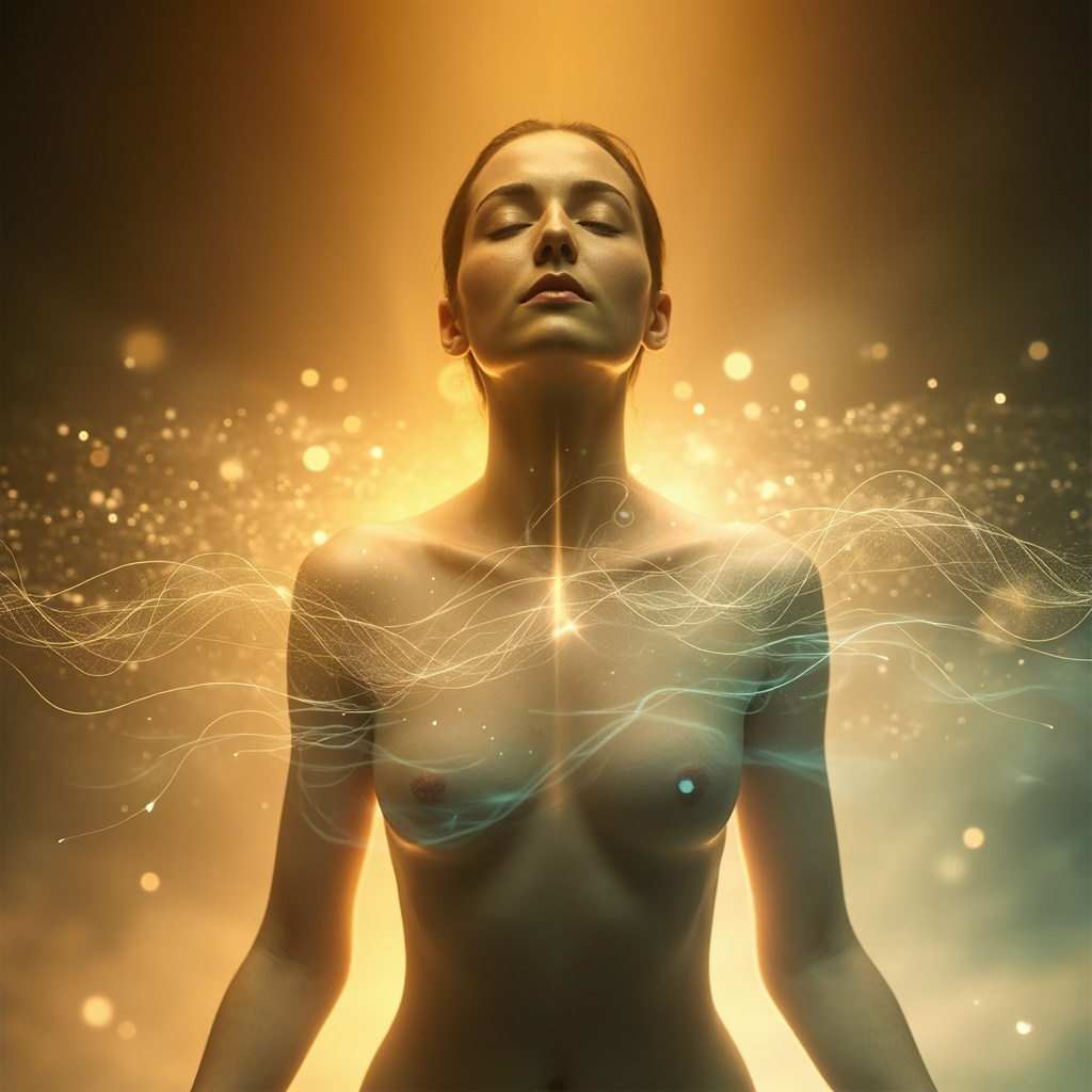 A serene, artistic representation of a person breathing deeply in a soft, glowing light, with subtle geometric wave patterns flowing around the chest area to represent harmony and frequency.