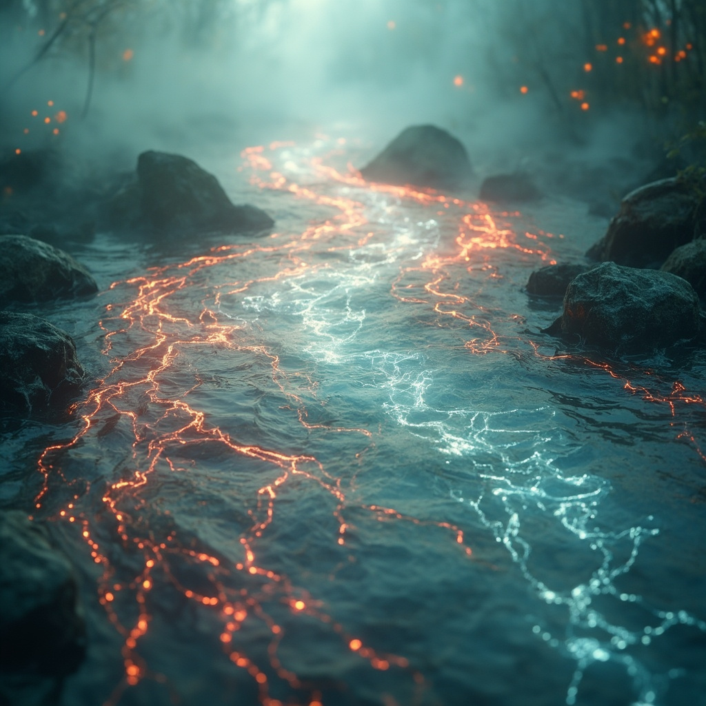 A serene, artistic representation of a flowing, luminous river that subtly transforms into the elegant branching patterns of the human circulatory system, set against a soft, calming background that suggests inner peace and vitality.
