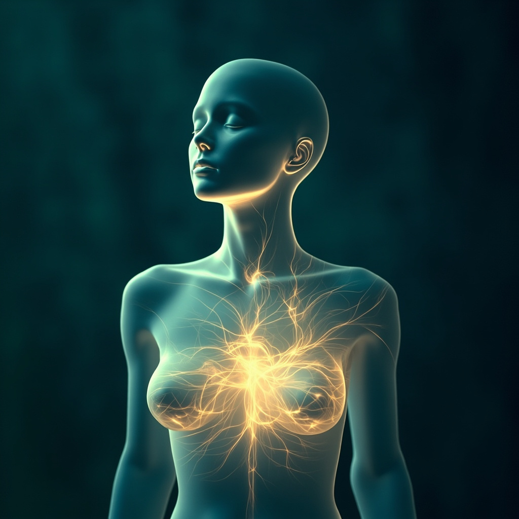 A serene, abstract representation of a glowing, golden energy flow moving through a calm human silhouette, emphasizing the stomach area with soft, harmonious light.
