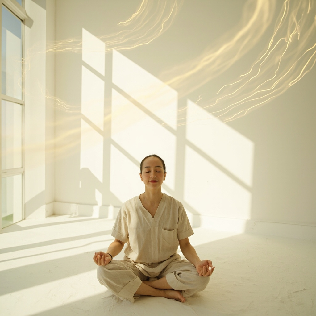 A high-quality, serene photographic representation of a person meditating in a bright, minimalist room, with subtle, ethereal light patterns illustrating the concept of energy and environmental harmony.
