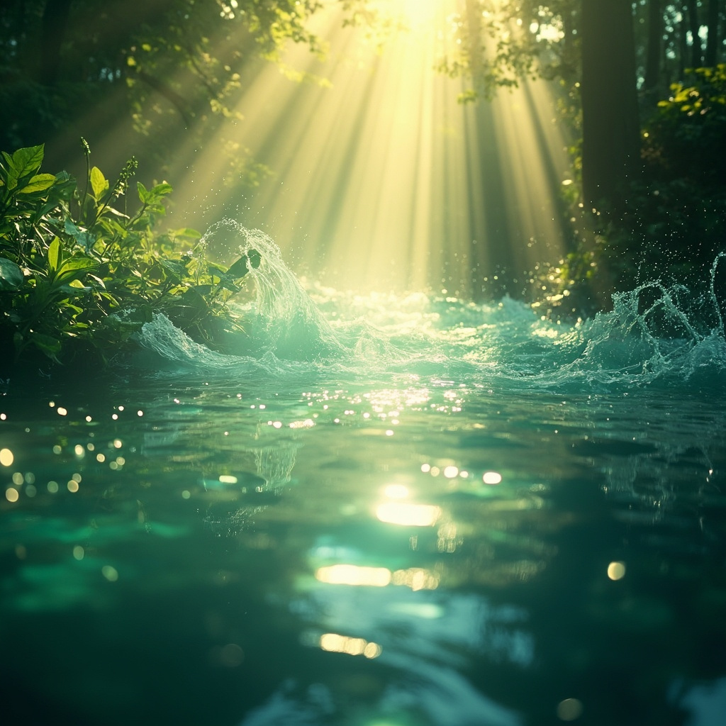 A serene, abstract artistic representation of light frequencies harmonizing with nature, symbolizing the restoration of balance and inner clarity.