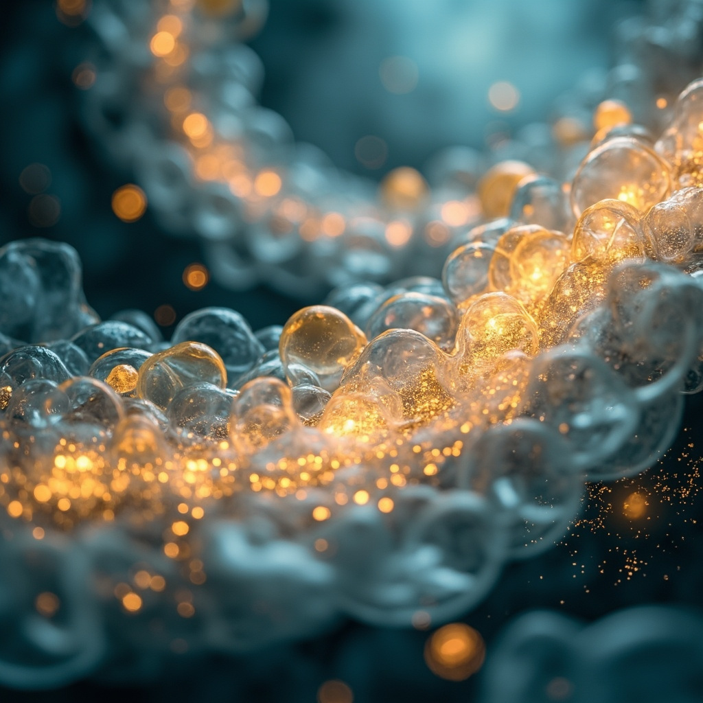 A serene, abstract representation of a balanced gut ecosystem, showing glowing, harmonious golden frequencies interacting with organic, soft-focus biological structures, calming blue and warm amber color palette.