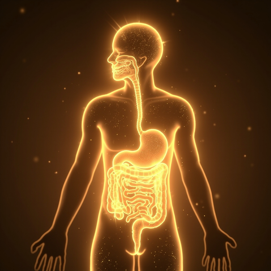 A serene, abstract representation of the human digestive system glowing with soft, golden light frequencies against a calm, minimalist background.