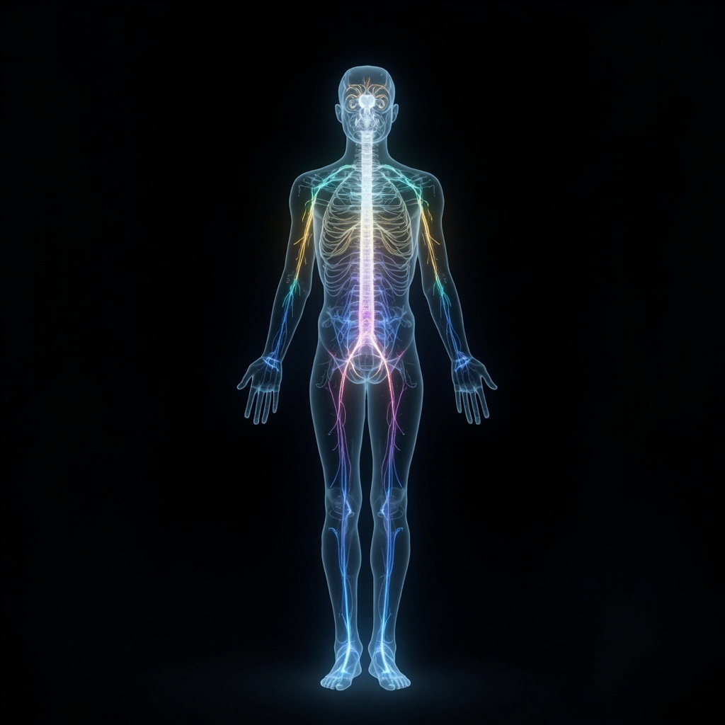 A serene, abstract representation of a human silhouette with glowing, harmonious light frequencies flowing through the nervous system, symbolizing balance and restoration.