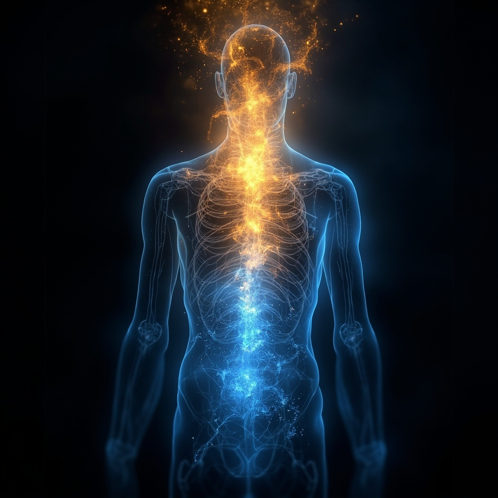 A serene, abstract artistic representation of a glowing energy center in the lower back area, with soft golden and warm blue light flowing through the spine and body, promoting a sense of groundedness and inner strength.