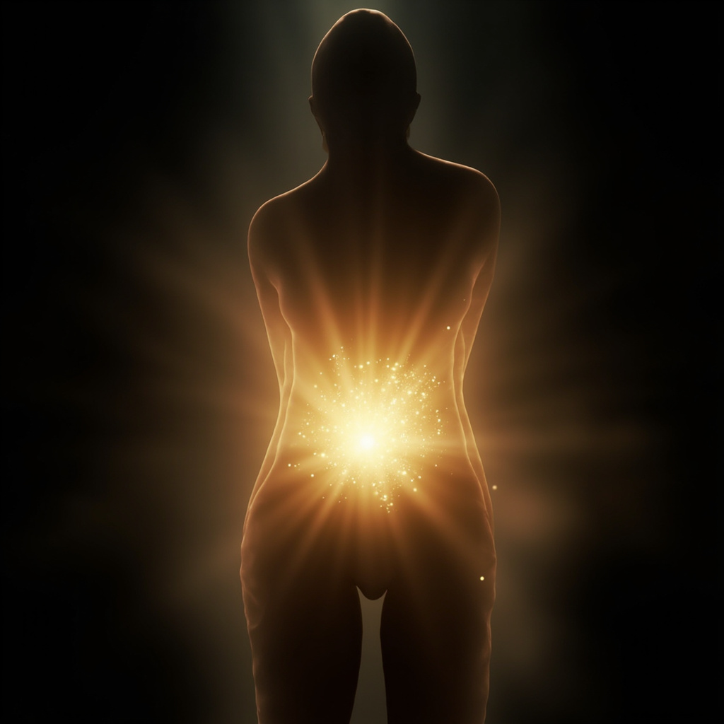 A high-quality, calm, and artistic representation of the human stomach area glowing with soft, harmonious light, suggesting balance and inner peace, centered in the body silhouette.