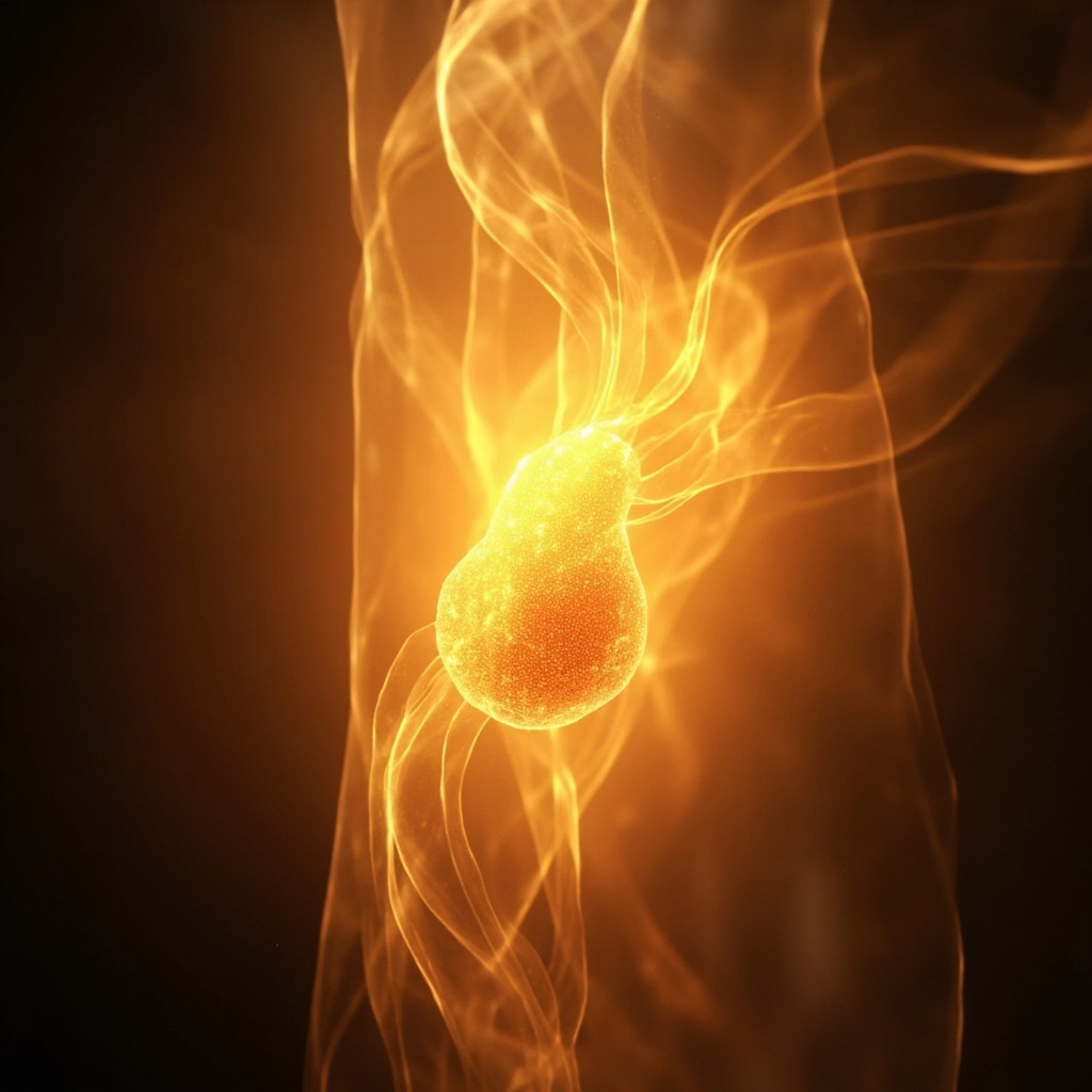 A serene, abstract representation of light waves harmonizing with a glowing, stylized adrenal gland silhouette in the center of the body.