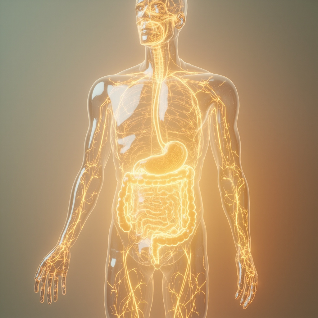 A high-quality, serene, and artistic representation of the human digestive system depicted with glowing, soft lines of light to illustrate the meridian pathway, set against a calm, clean background.