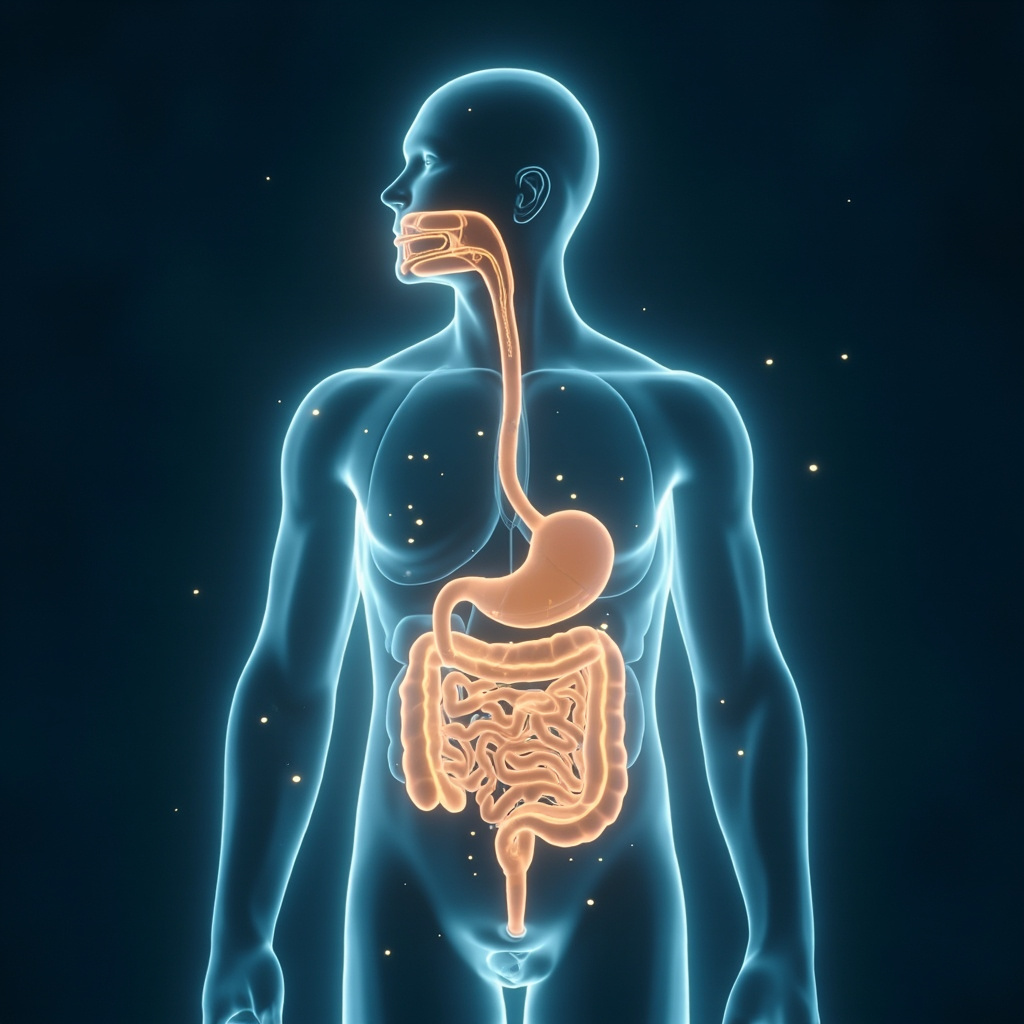 A high-quality, soothing illustration of a digital representation of the human digestive system with soft, luminous light nodes indicating energetic balance and harmony.