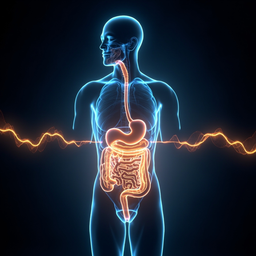 A high-quality, serene, and scientific illustration showing a glowing, rhythmic representation of the human digestive system connected to abstract, harmonious frequency waves, soft blue and golden hues, professional and clean aesthetic.