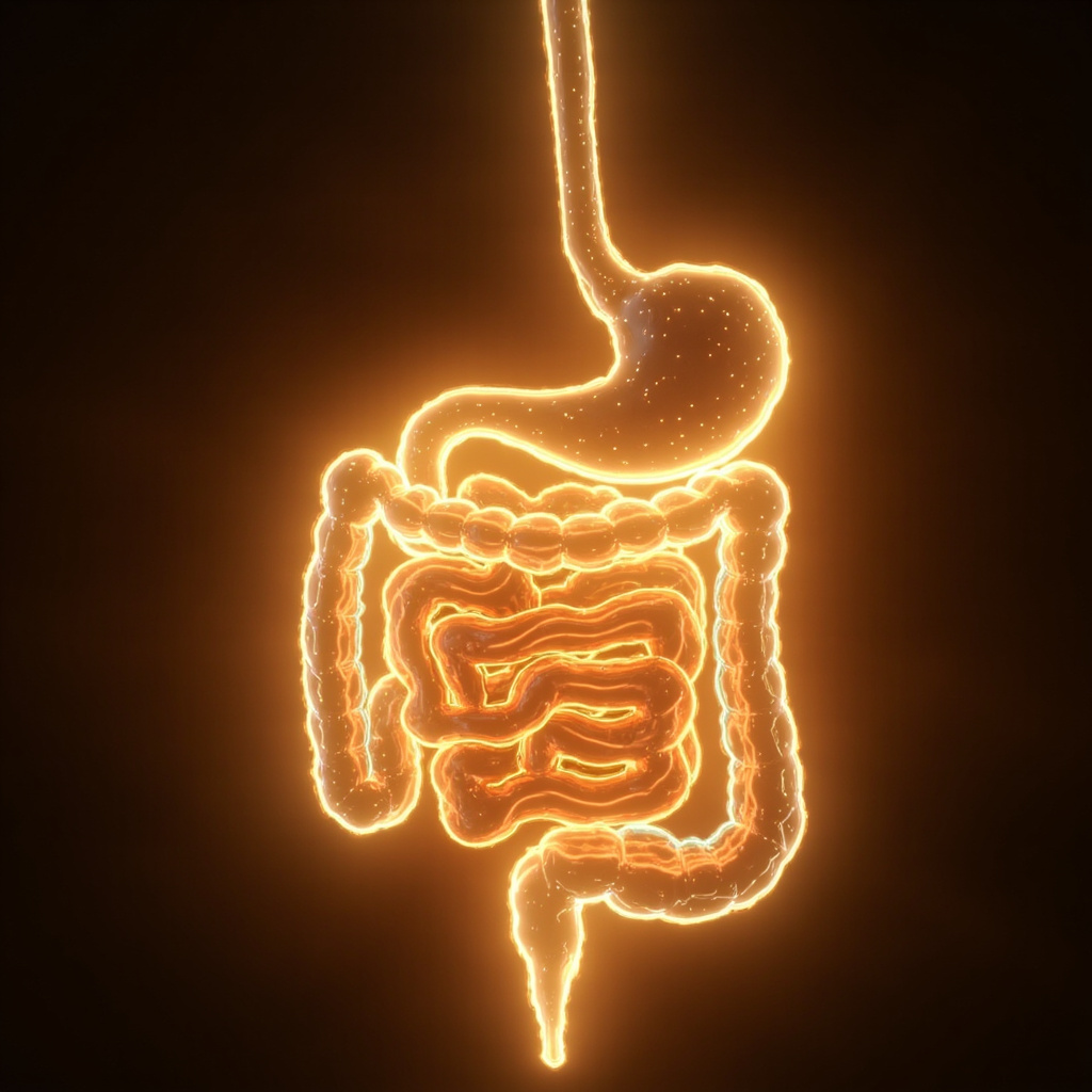 A serene, abstract digital representation of a glowing, balanced digestive system integrated with subtle wave patterns and soft, harmonious light.