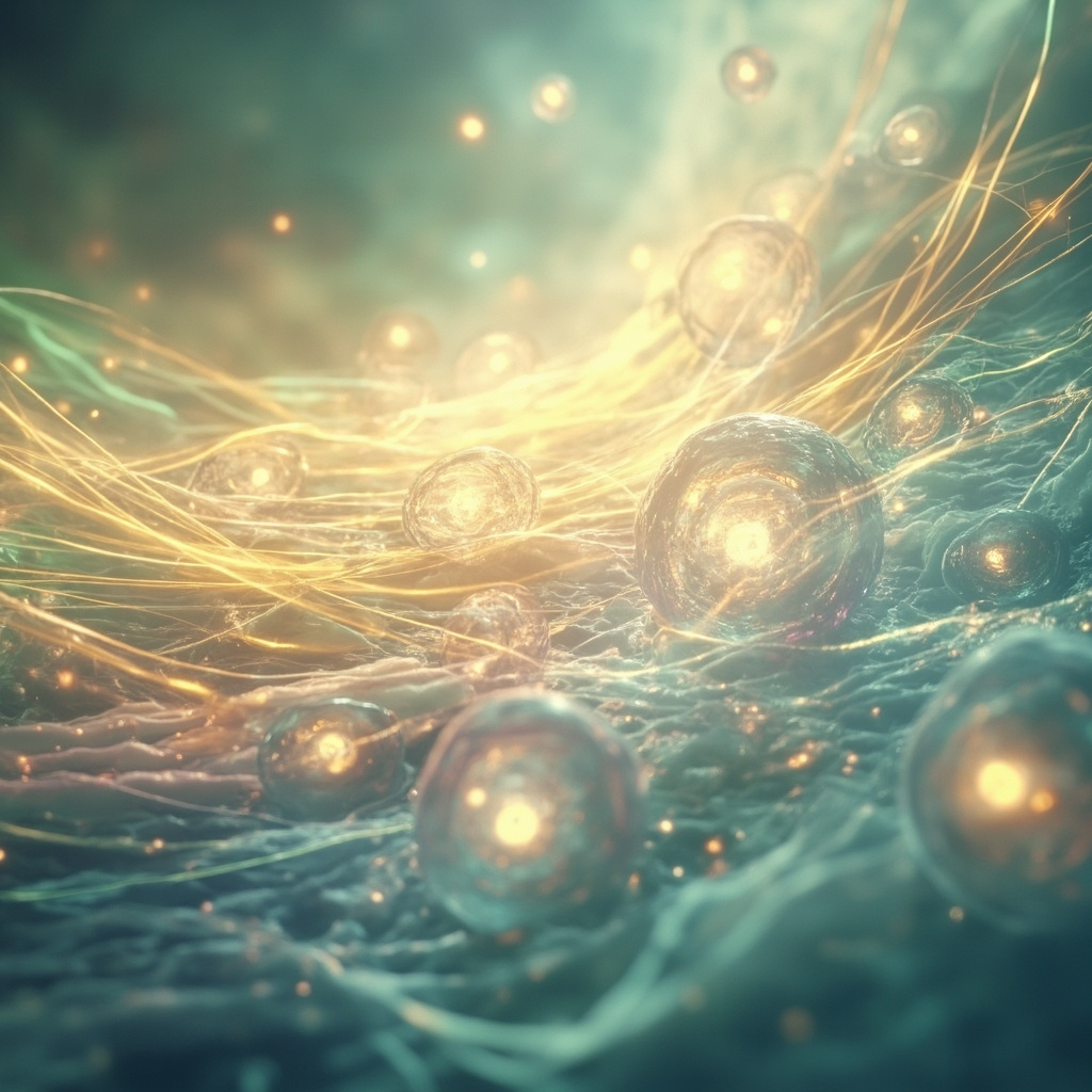 A serene, abstract representation of flowing light waves intersecting with a stylized, healthy cellular structure, symbolizing harmony and energetic balance.