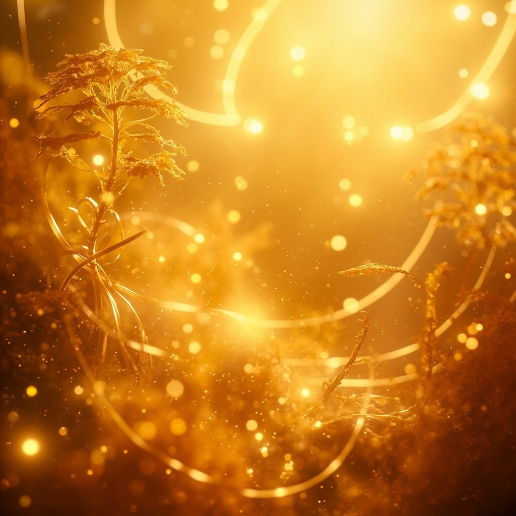 A serene, abstract representation of a glowing, golden-hued garden intertwined with soft, flowing light patterns symbolizing the harmony between nature and the human digestive system.