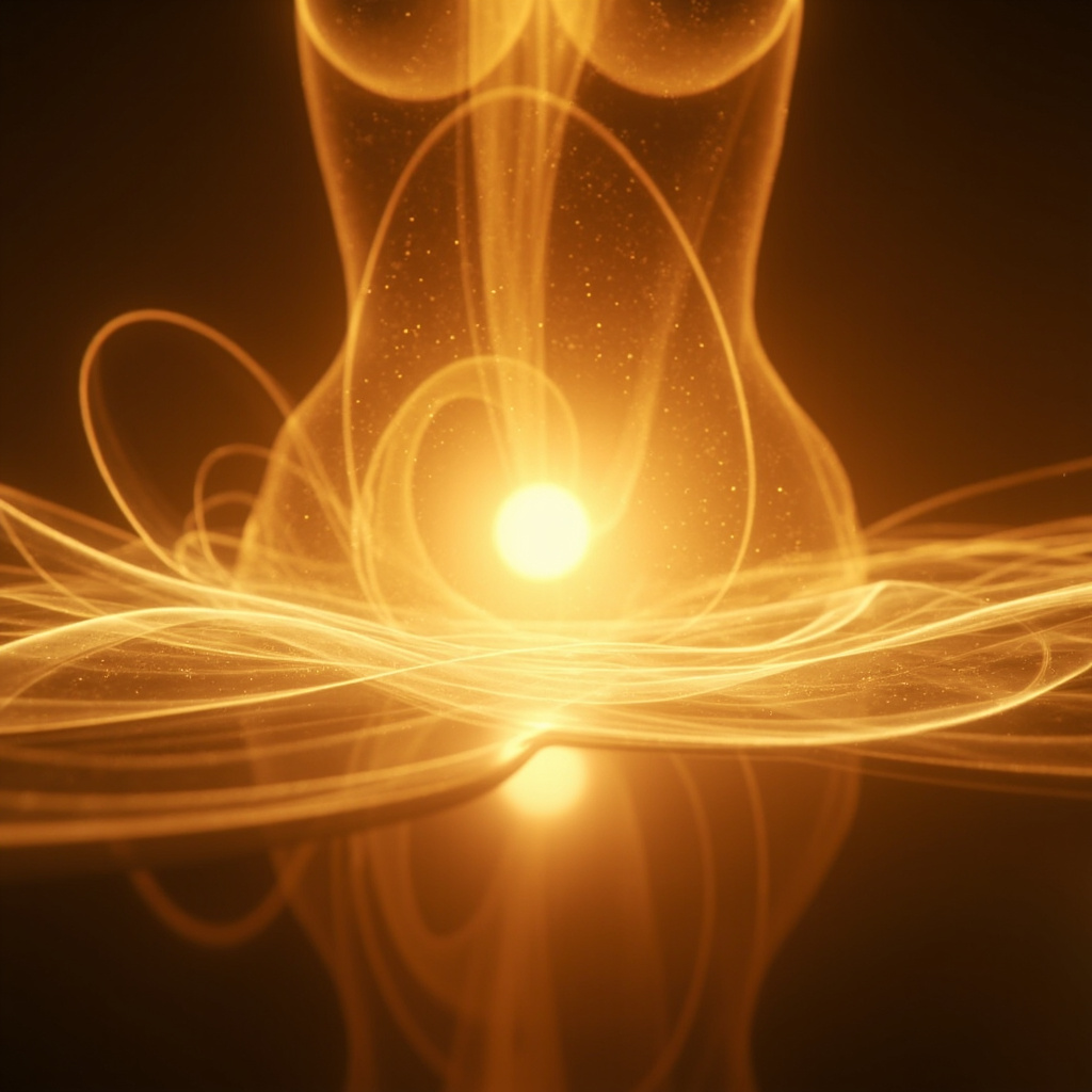 A serene, abstract representation of a glowing, balanced center in the human abdomen, with soft, flowing golden light patterns, professional, calming, high quality.
