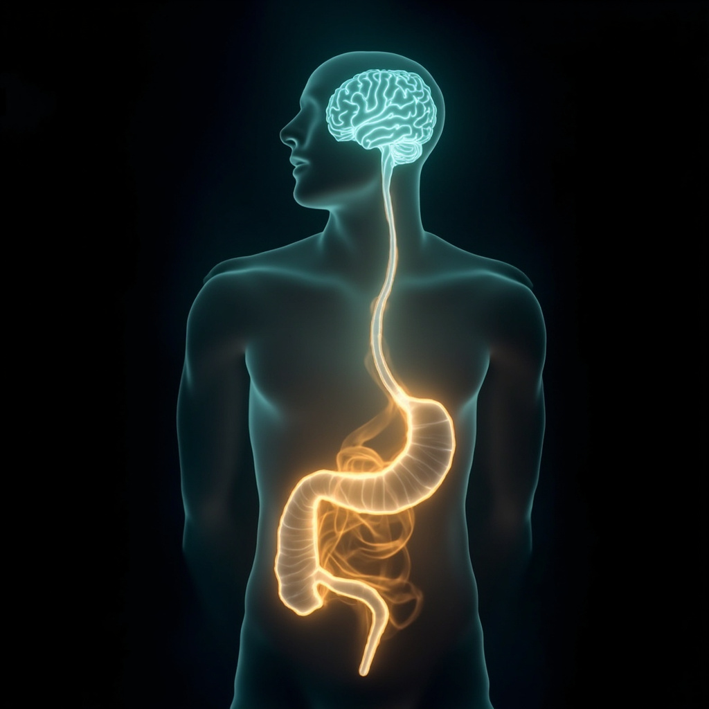 A serene, abstract representation of the gut-brain axis, showing soft, flowing light patterns connecting the stomach area to a calm, balanced mind, professional and soothing aesthetic.