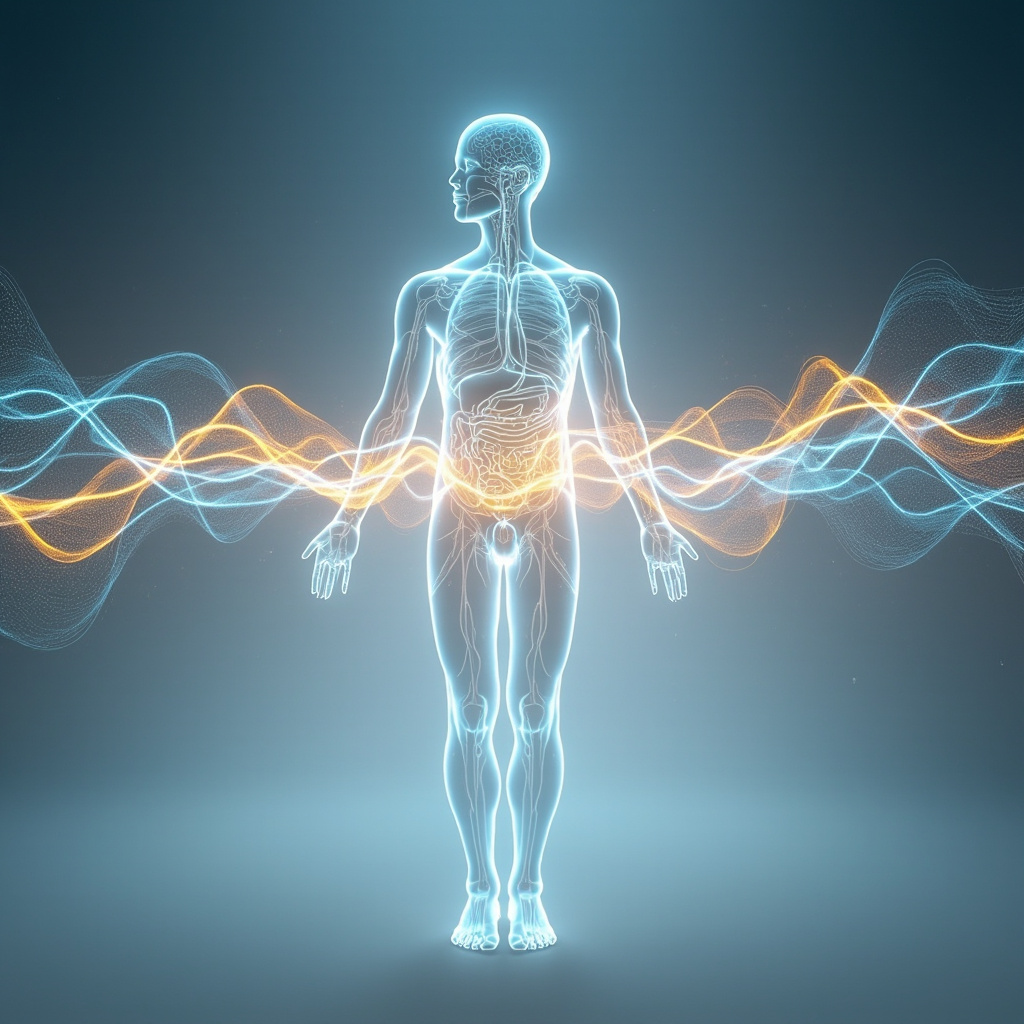 A serene, abstract representation of the gut-brain connection showing glowing, harmonious energy waves flowing through a human silhouette, soft blue and golden tones, professional and medical wellness style.