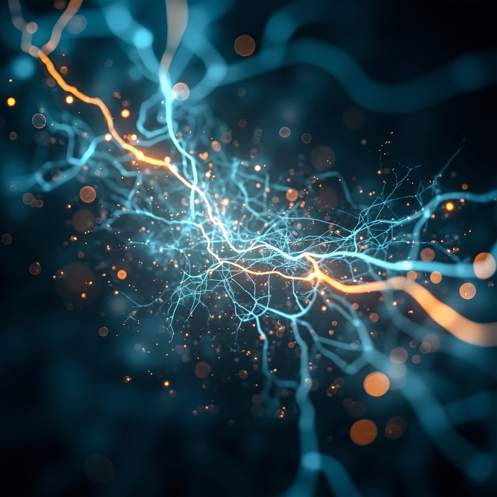 A calm, abstract representation of flowing electrical energy lines connecting with human biological structures, soft blue and golden light, professional and scientific aesthetic.