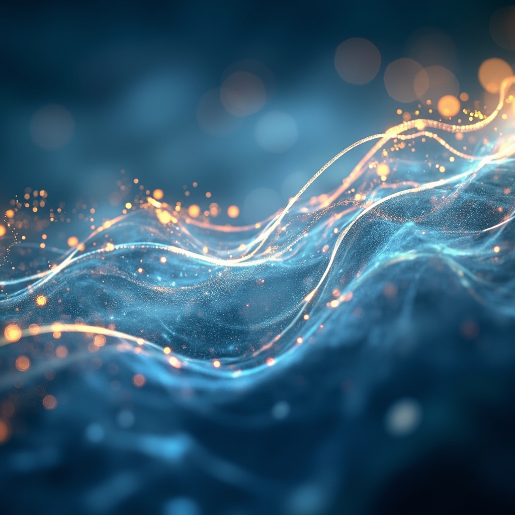 A serene, abstract digital representation of light frequencies harmonizing with human biological structures, soft blue and golden tones, professional and calming aesthetic.