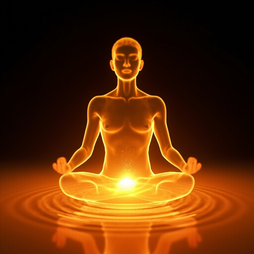 A serene, abstract digital representation of a glowing orange energy center at the base of the spine, radiating soft waves of light into a balanced human silhouette, professional and meditative style.