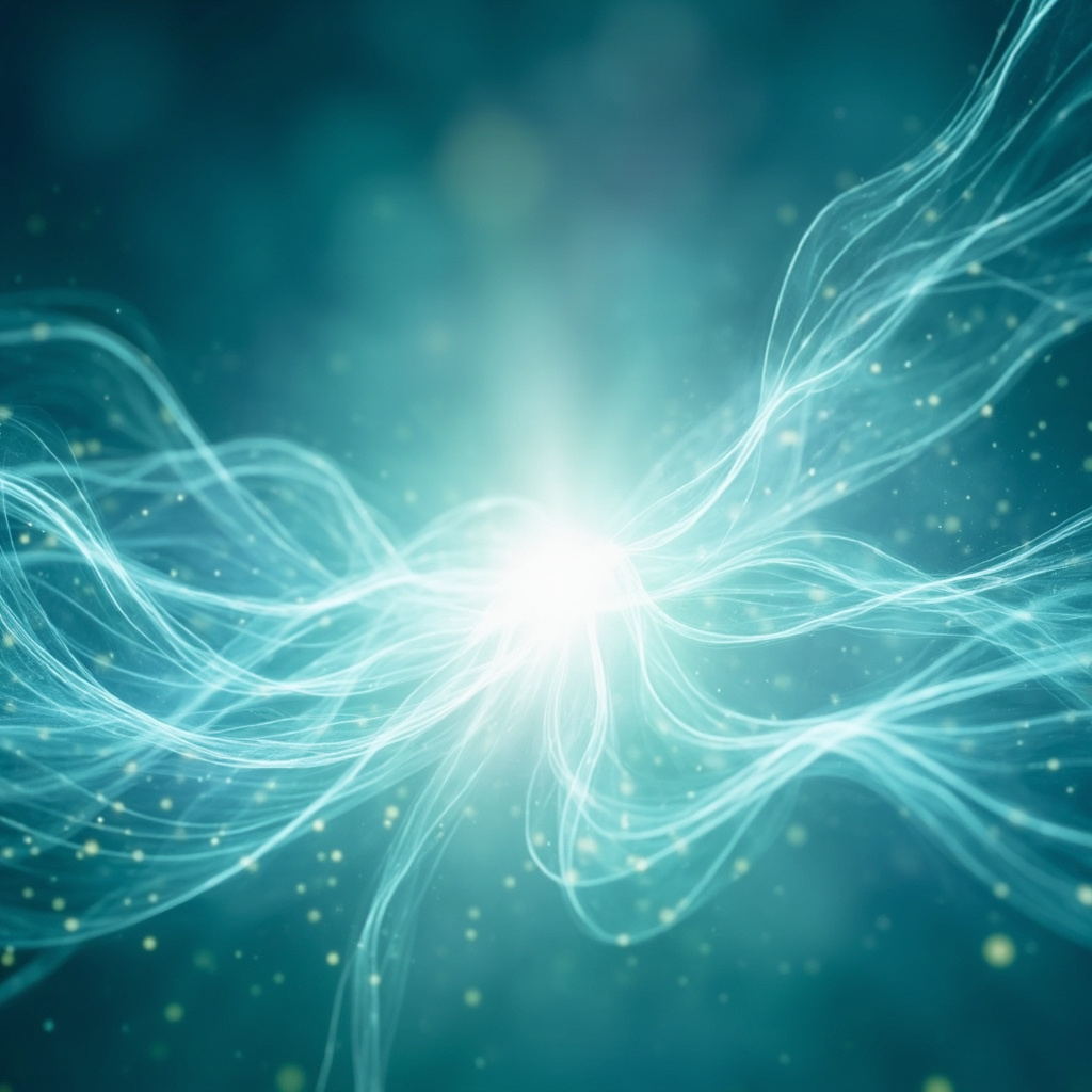 A serene, abstract artistic representation of a glowing, light-filled energy center in the throat area, surrounded by soft, flowing lines that suggest harmony and balance, professional and calming style.