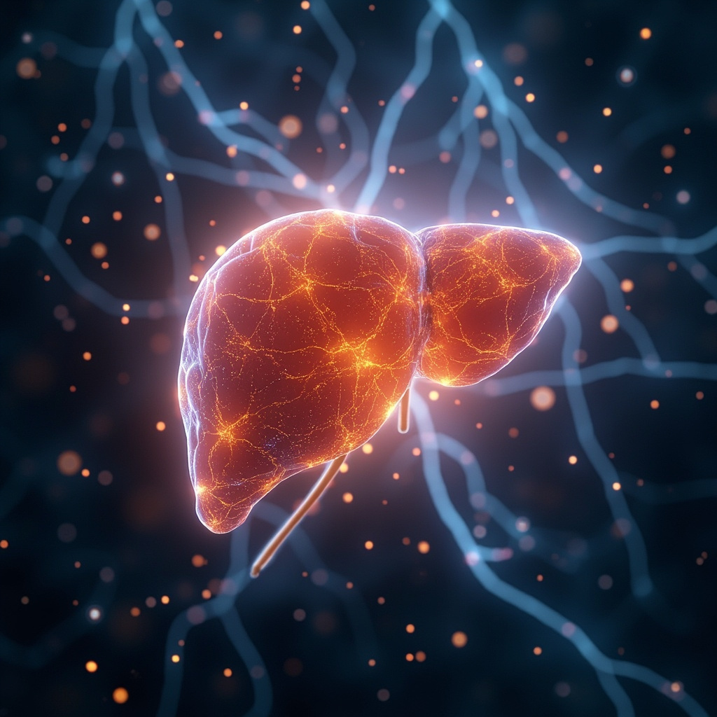A serene, abstract representation of a glowing, healthy human liver integrated into a soft, ethereal background of neural networks and light frequencies, symbolizing healing and rejuvenation.