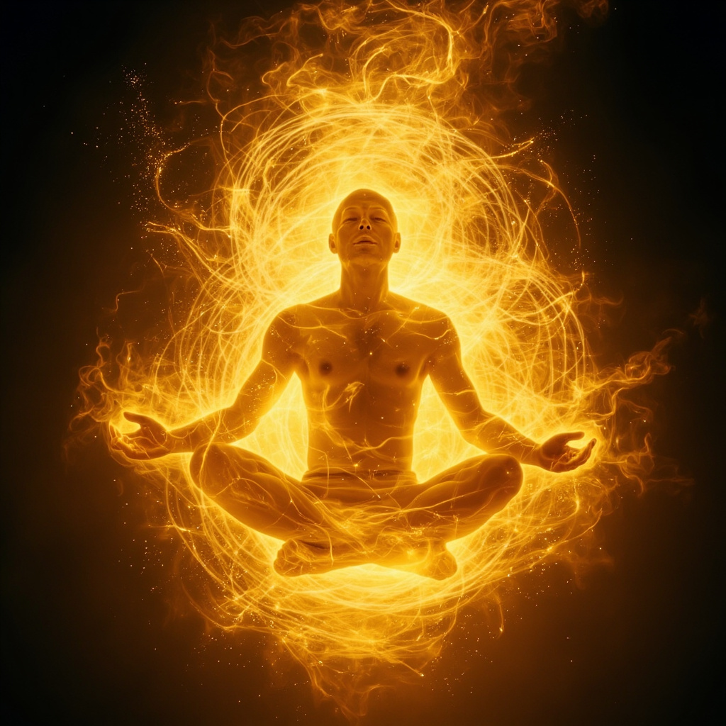 A high-quality, serene artistic representation of human energy fields glowing gently, with soft, flowing golden light patterns representing internal harmony and balance.