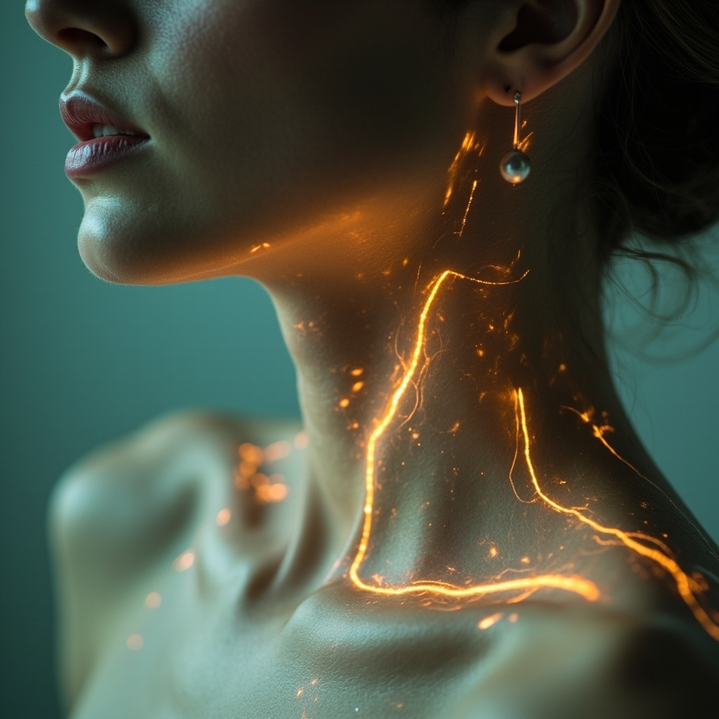A serene, artistic representation of the neck area with glowing, subtle light patterns representing electrical harmony and balance, soft focus, professional and calming aesthetic.