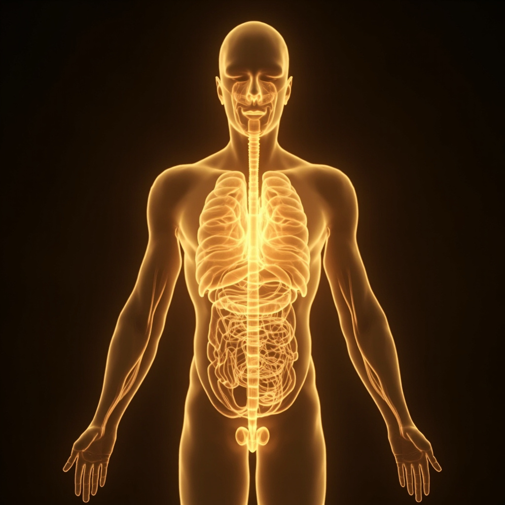A serene, abstract representation of a human silhouette with soft, glowing golden light flowing through the nervous system and gut area, representing balance and harmony.