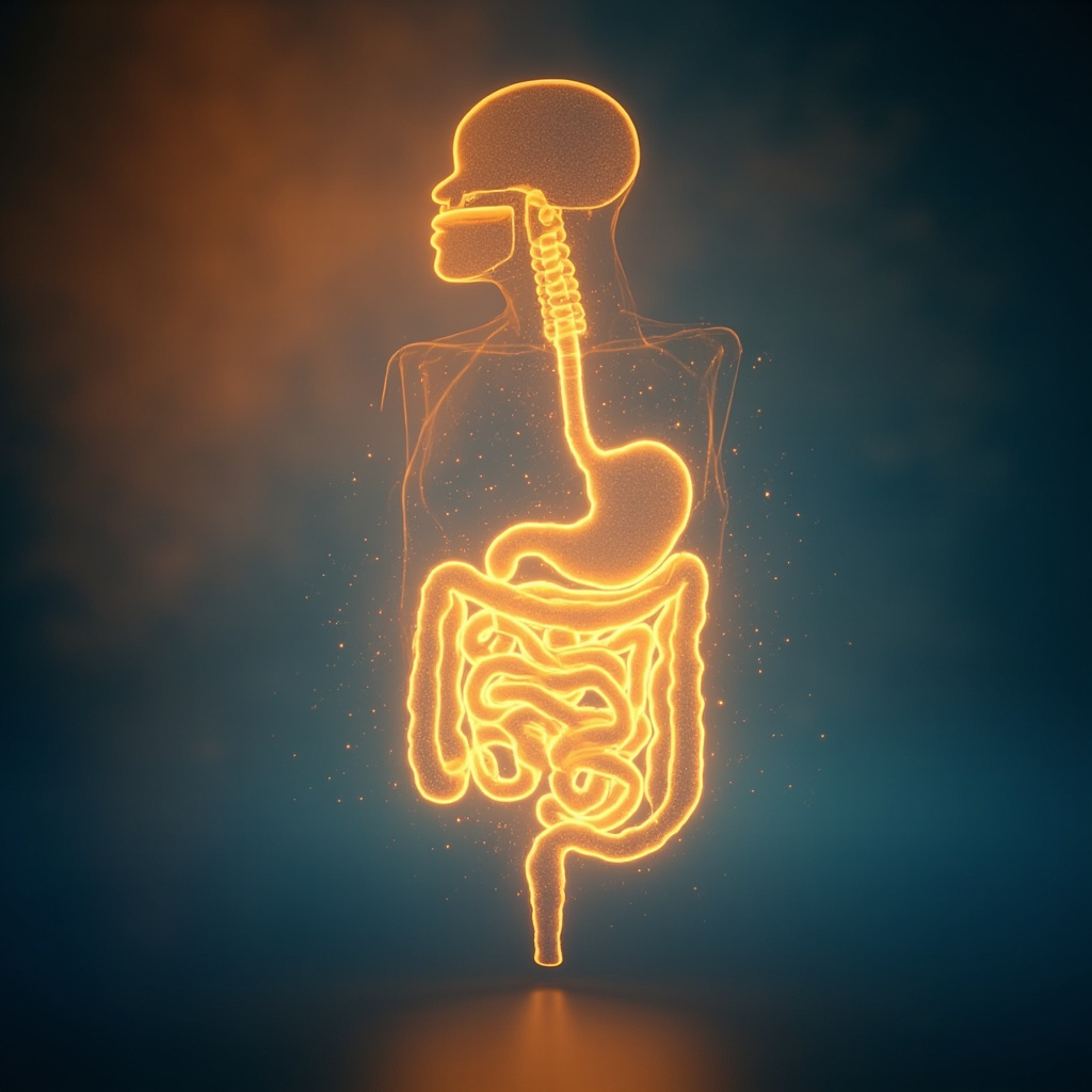 A serene, abstract representation of a glowing, golden digestive system connected to a soft, balanced energy field, calming blue and warm orange tones, high resolution, minimalist style.