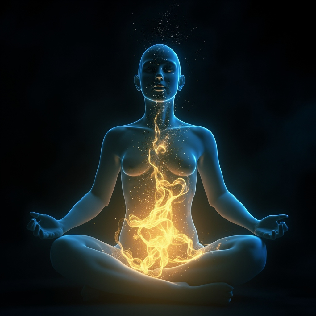 A serene, abstract representation of flowing energy moving through a human silhouette, focusing on the abdominal area with soft golden and blue light tones.