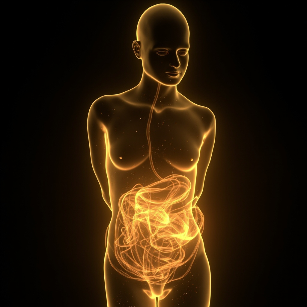 A serene, abstract representation of a glowing human silhouette with soft, flowing golden light patterns moving through the digestive area, signifying balance and harmony.