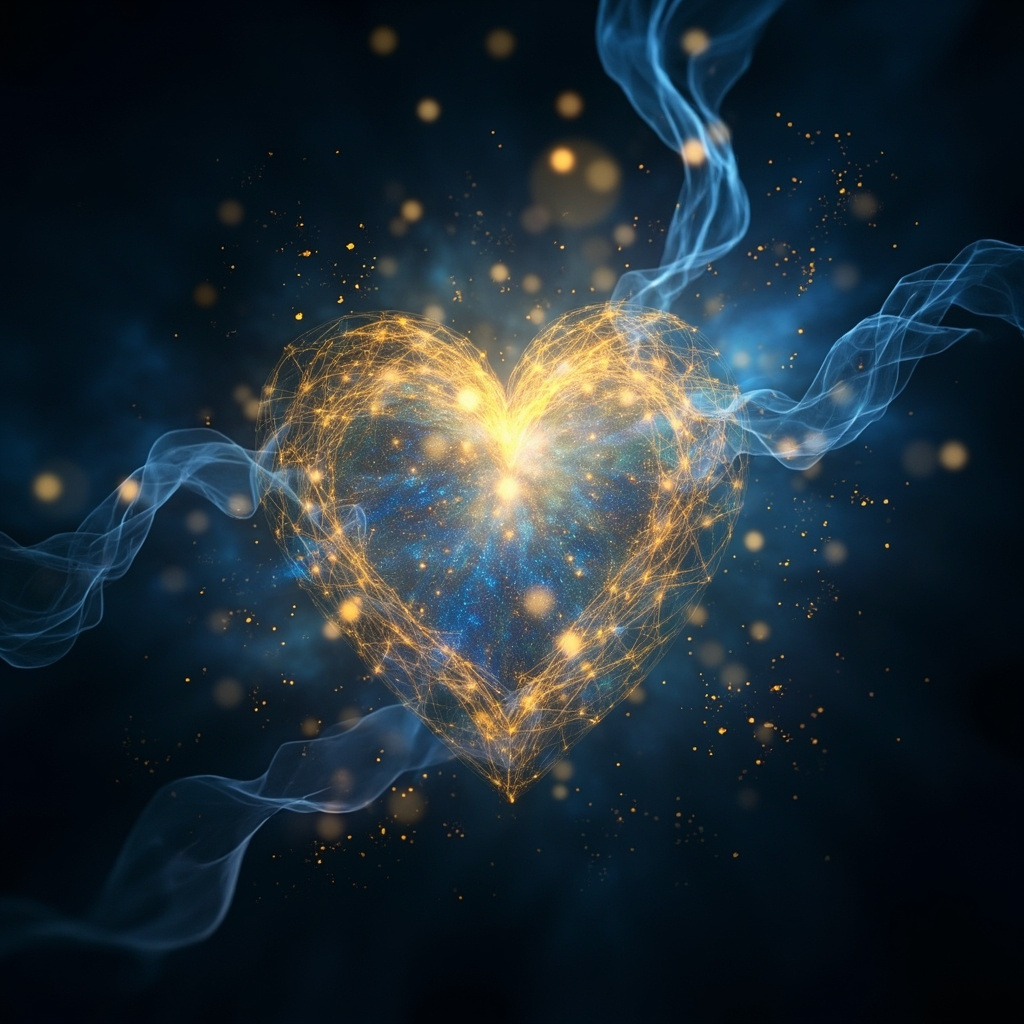 A serene, artistic representation of a glowing, energetic heart structure surrounded by soft, flowing light patterns in a calming blue and gold color palette.
