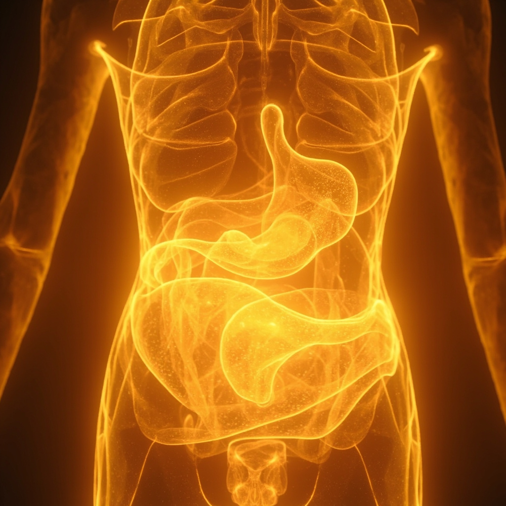 A serene, abstract representation of a glowing, rhythmic energy flow centered around the human abdomen, blending soft warm colors like amber and gold to symbolize digestive warmth and vitality.