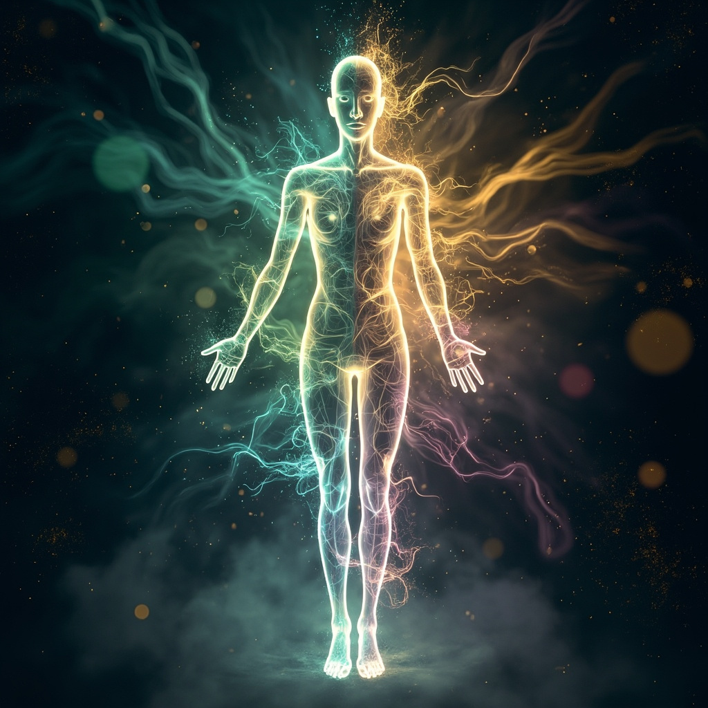 A beautiful, abstract artistic representation of light waves and flowing energy patterns connecting various points in a human silhouette, symbolizing hormonal balance and internal harmony.