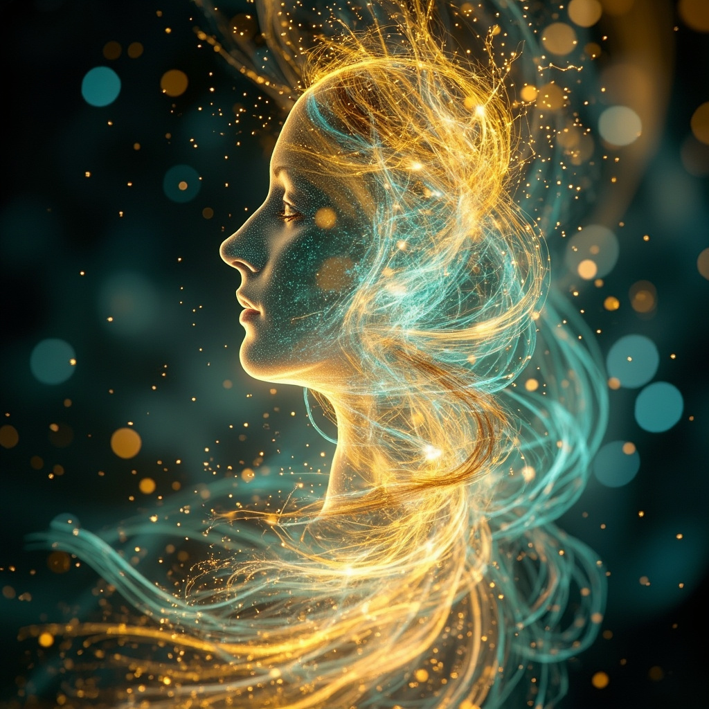 A beautiful, abstract representation of light waves converging into a glowing, healthy human silhouette, symbolizing cellular renewal and biological harmony.