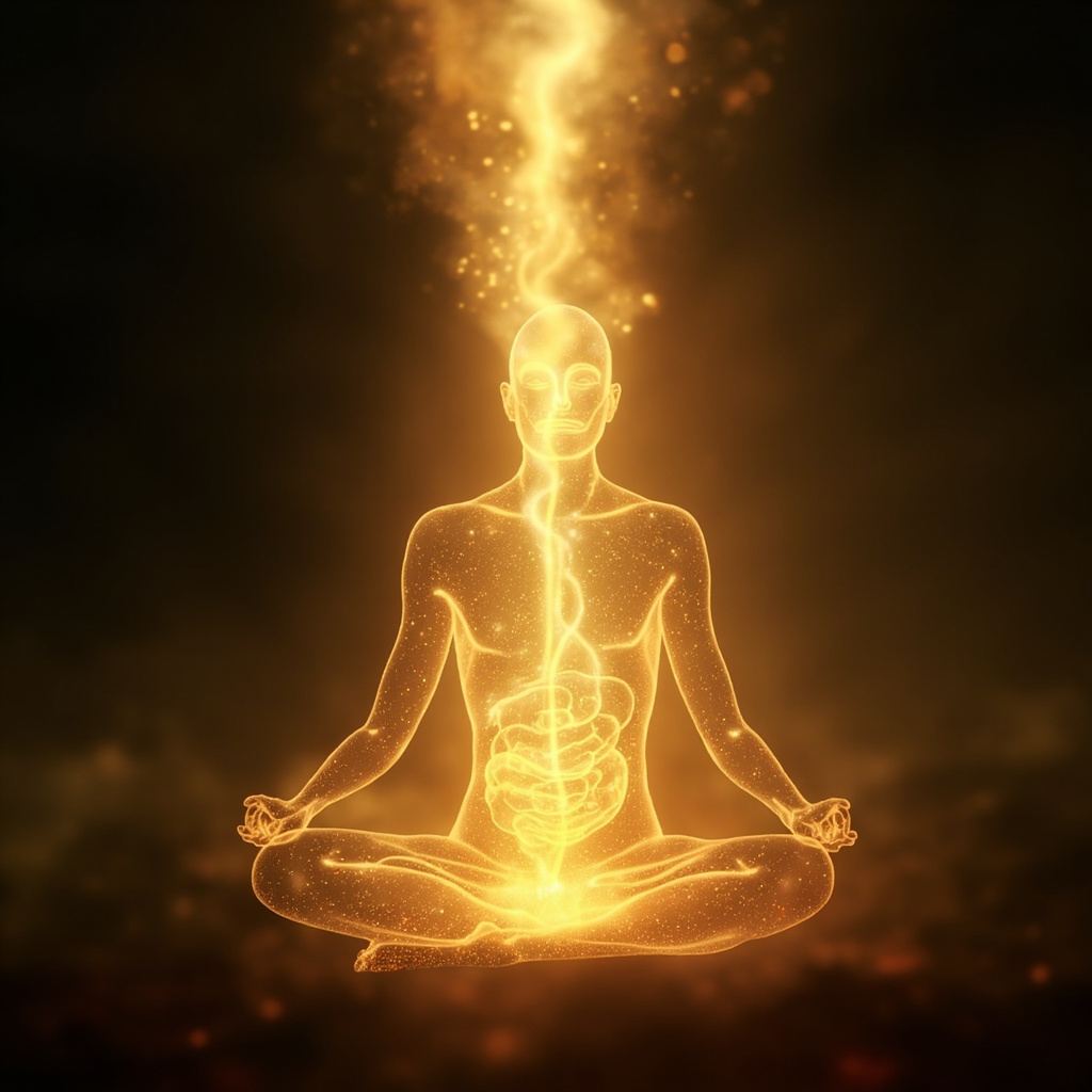 A high-quality, serene, and abstract representation of golden light flowing through the center of the body, symbolizing digestive harmony and internal balance.
