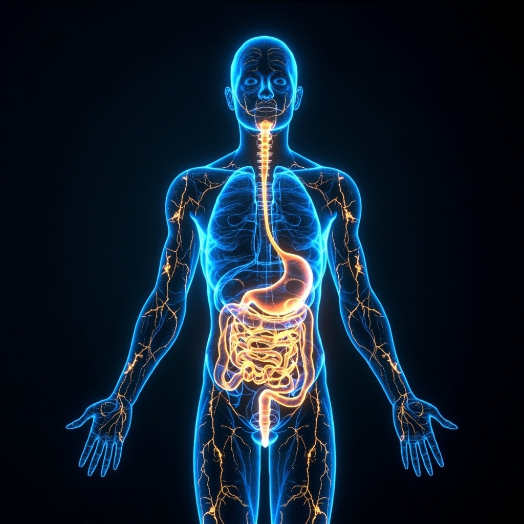 A serene, abstract representation of the human digestive system glowing with soft, blue and gold electrical light patterns, symbolizing harmony and health.