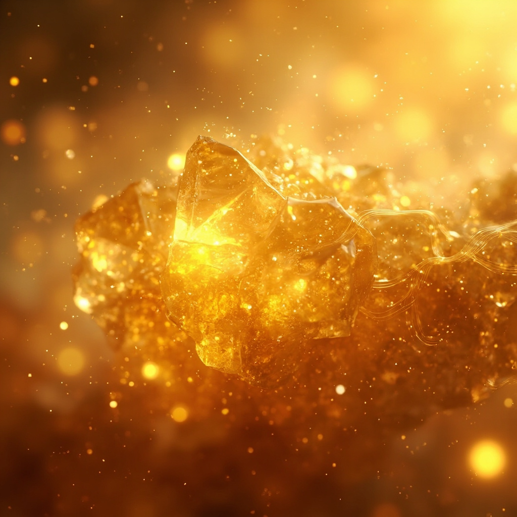 A high-quality, serene close-up of a golden, glowing mineral structure integrated into a soft, abstract digital representation of human cellular energy, symbolizing balance and vitality.