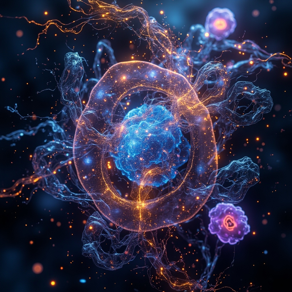 A high-resolution, artistic representation of a vibrant internal ecosystem with glowing, harmonious patterns symbolizing microscopic life and human vitality.
